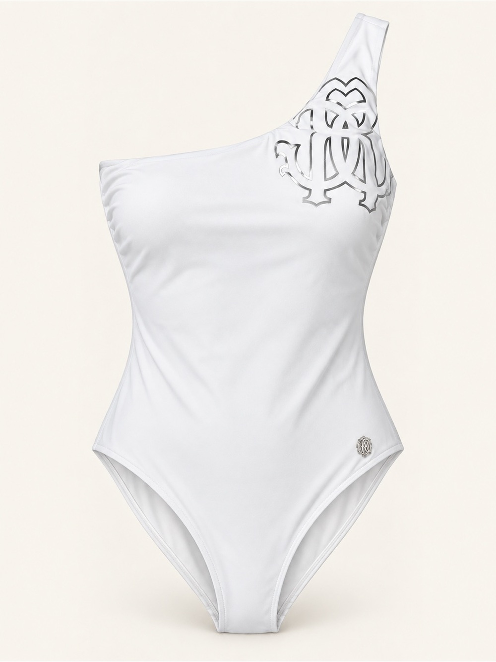 Roberto Cavalli White Silver Logo One Shoulder Swimsuit Size M